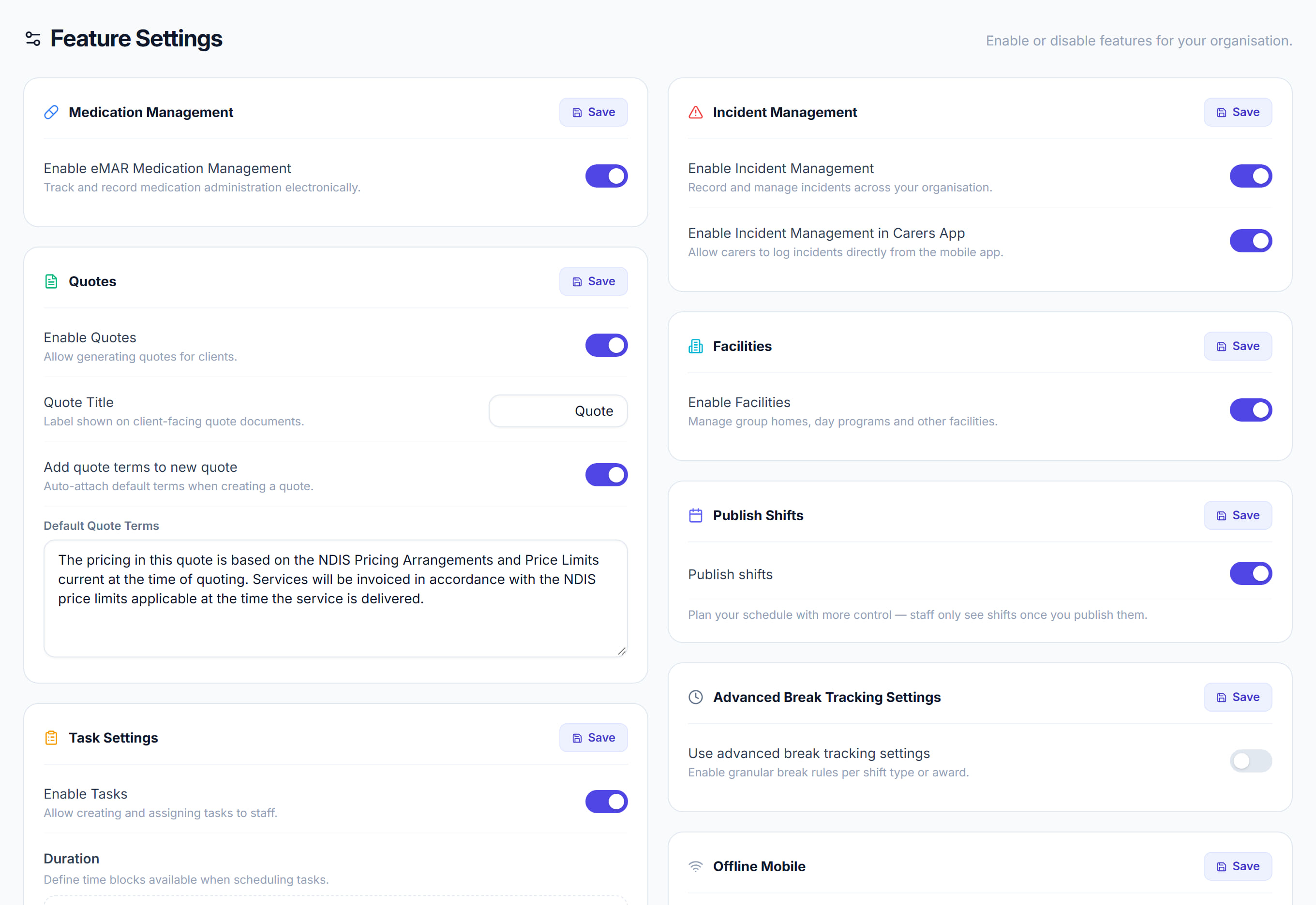 Feature Settings — turn pages on and off in Rostery