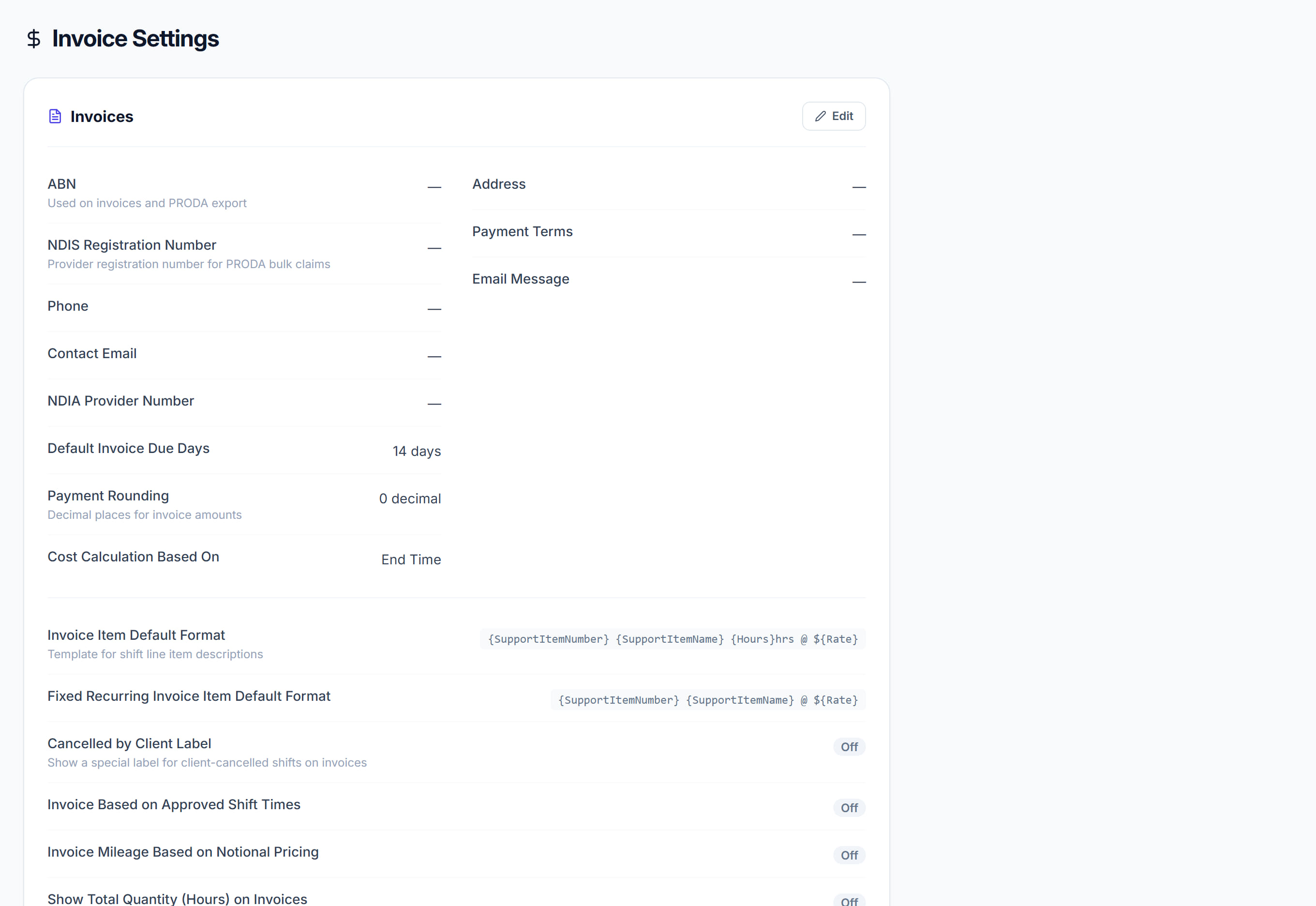 Invoice Settings in Rostery