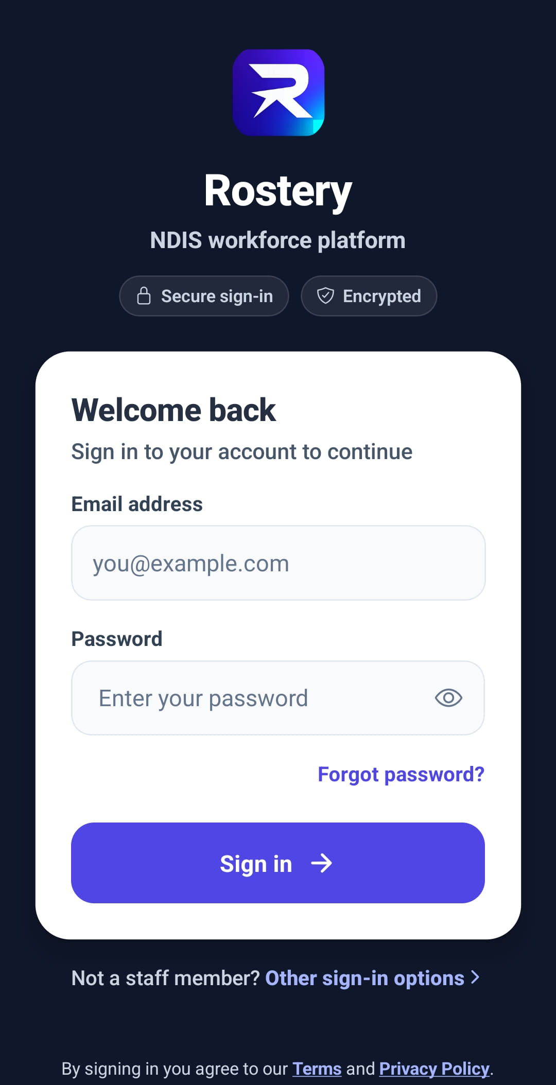 Signing in in Rostery